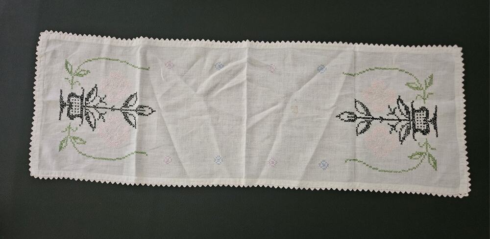 Hand Cross-Stitched Dresser Scarf Table Runner Black/pink flowers 37” by 15”